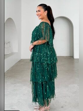 NWT Amica Fantango Dress Plus Size 4XL Emerald Green Sequin Maxi Tiered